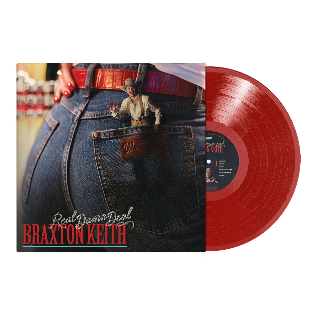 Red vinyl record with a person wearing jeans, featuring the album 'Real Damn Deal' by Braxton Keith.