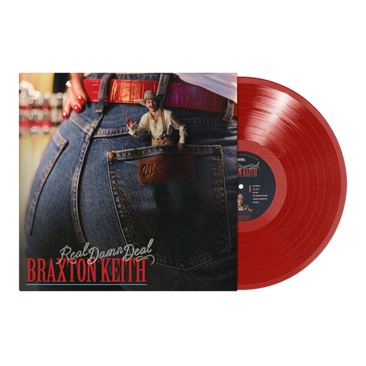 Red vinyl record with a person wearing jeans, featuring the album 'Real Damn Deal' by Braxton Keith.